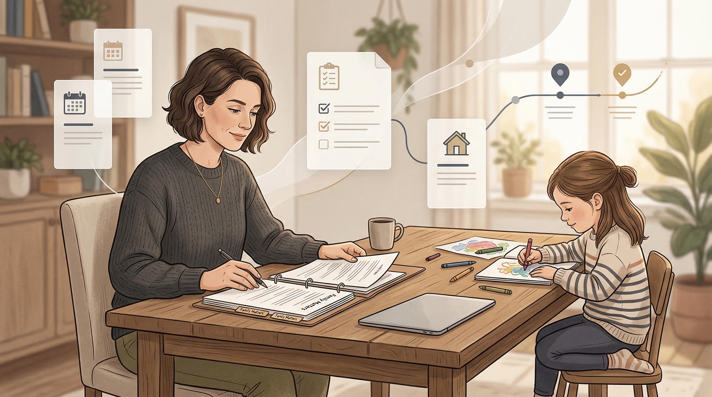 A parent organizing family-court materials at the table while a child draws nearby.