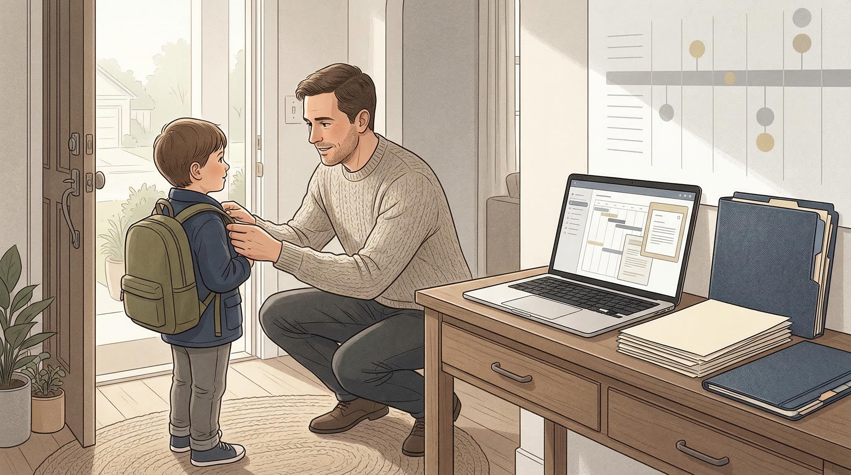 A father helping his child get ready at the door while a laptop timeline and organized case folders sit nearby.