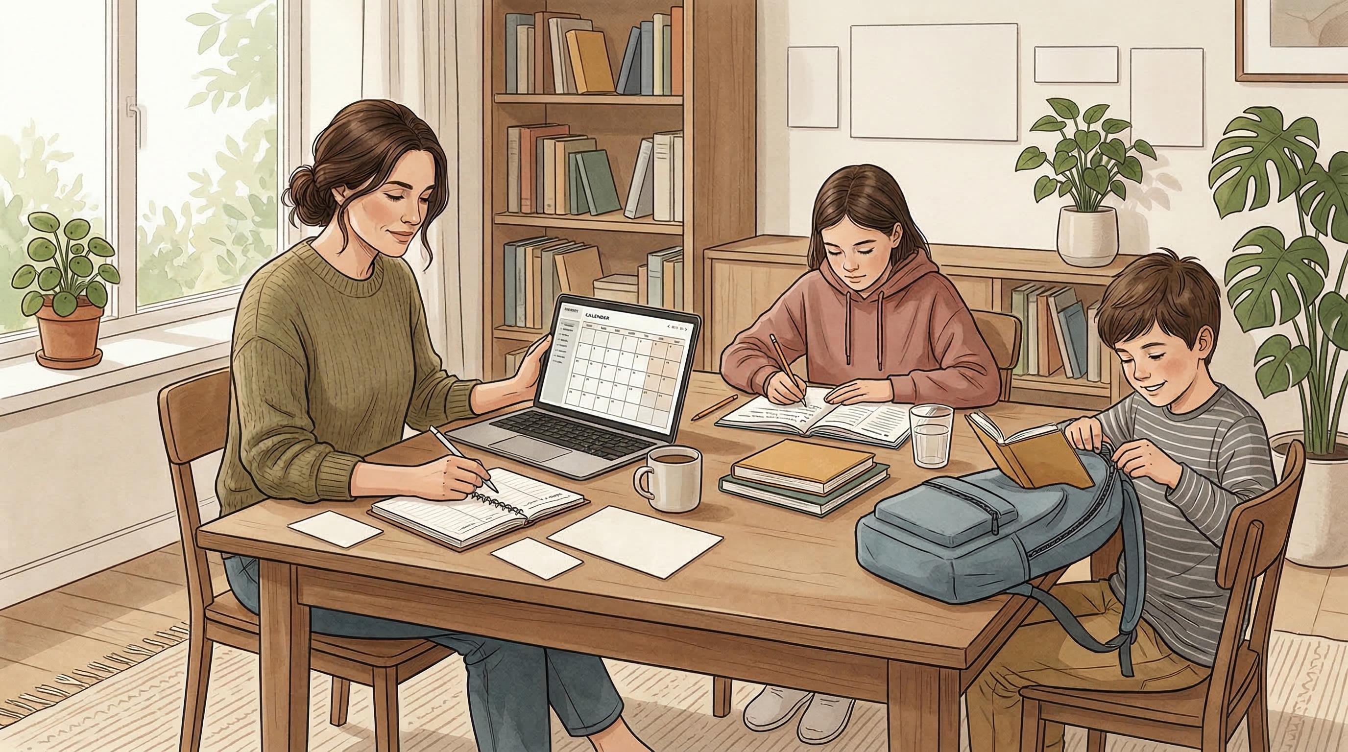 A parent reviewing a family calendar at the table while children do homework and read nearby.