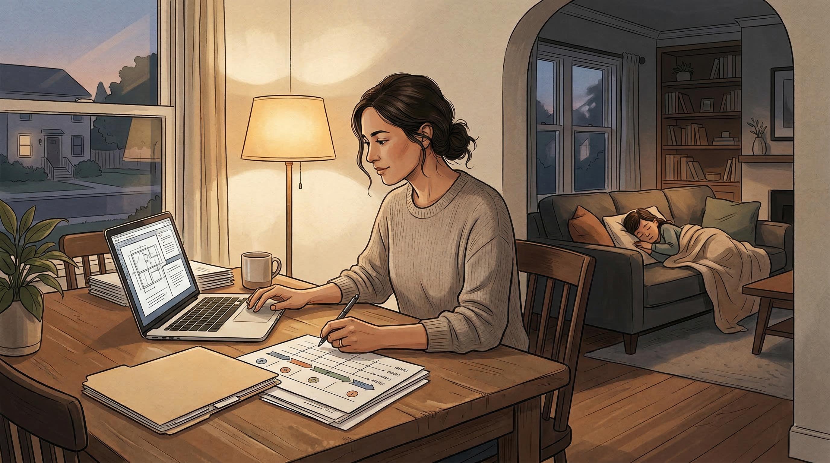 A parent working at night on hearing preparation papers while a child sleeps in the background.