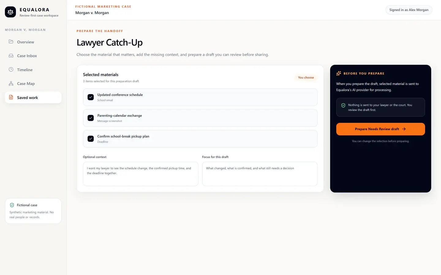 Equalora Lawyer Catch-Up preparation for the fictional Morgan v. Morgan case with selected materials, optional context, provider disclosure, and a Prepare draft button.