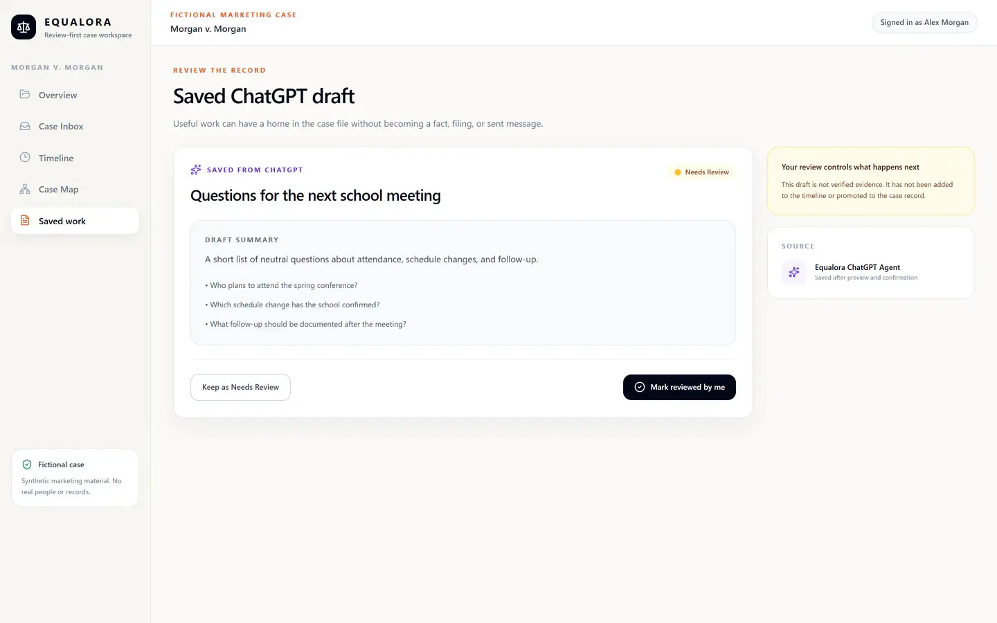 Equalora review workspace showing a fictional saved ChatGPT draft marked Needs Review with controls to keep reviewing or mark it reviewed.